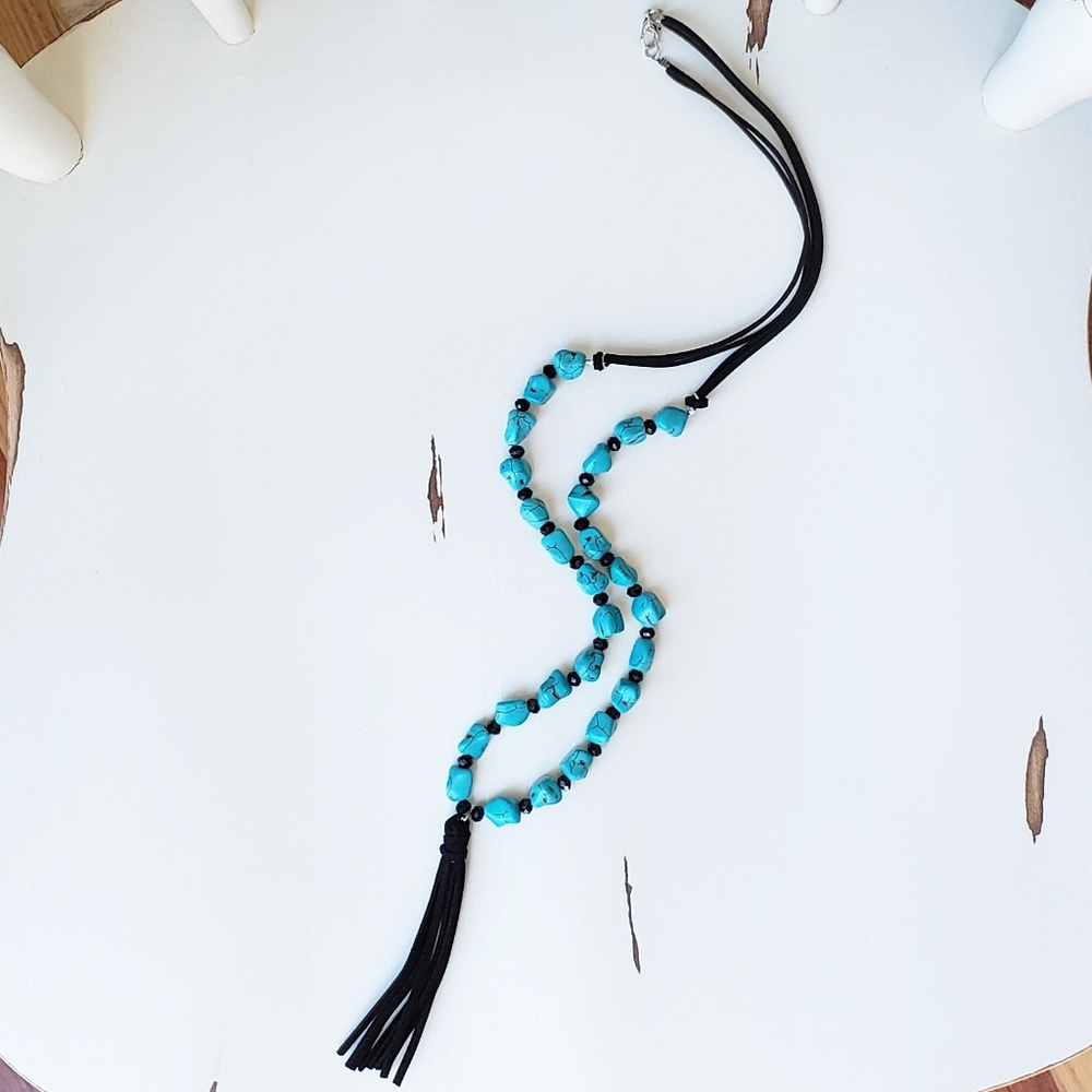 Turquoise Black Tassel Long Necklace